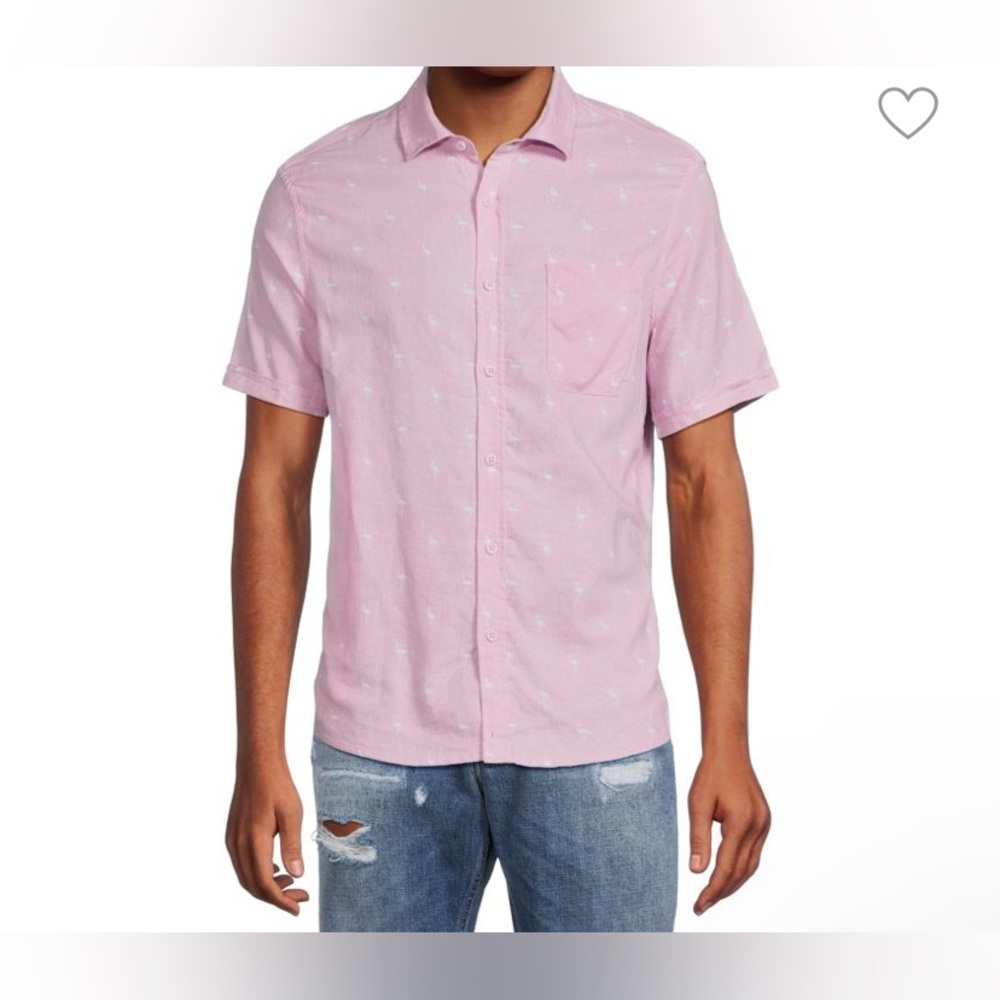 NWT SAKS FIFTH AVENUE Linen Blend Flamingo Print Button Down Shirt Size L